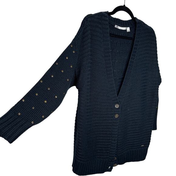 Volcom Black Knit Cardigan Gold Studded Sleeves Front Gold Buttons XS / S - Picture 1 of 16